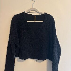 Free People Black Fuzzy Knit V-Neck Sweater